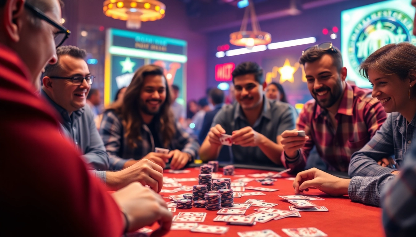 Engaged players enjoying rummy wealth with cards and chips on a vibrant table.