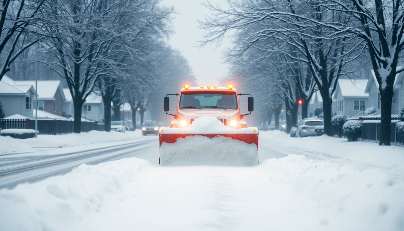 Snow plowing truck clearing a snow-covered street, ensuring safe travel.