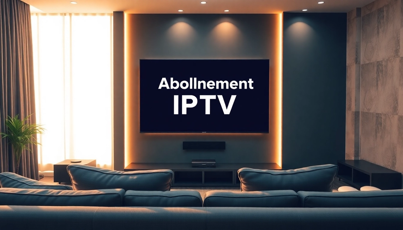 View a modern home theater setup highlighting abonnement iptv on a big screen.