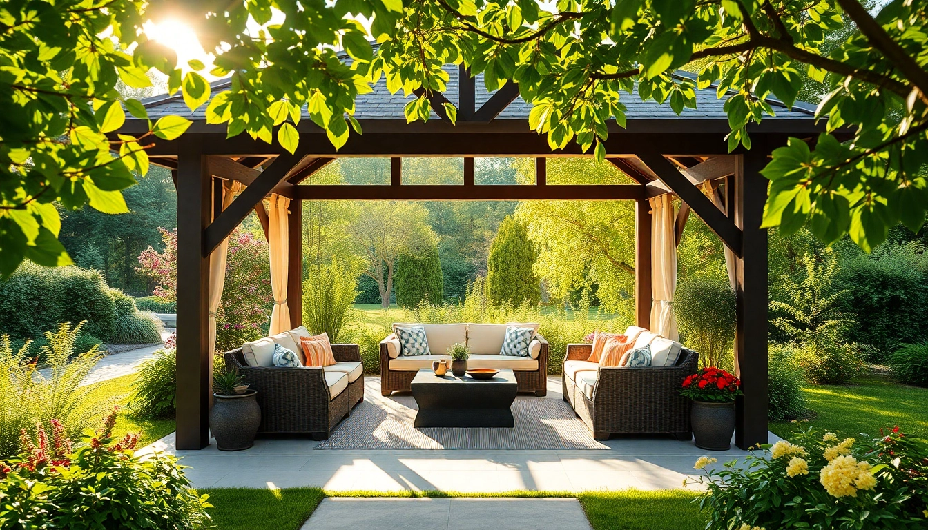 Stylish gazebo in Ireland providing shade for outdoor gatherings surrounded by lush gardens.