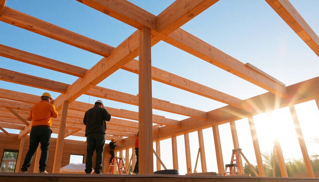 Crafting a wooden deck during deck construction with workers assembling beams and joists.