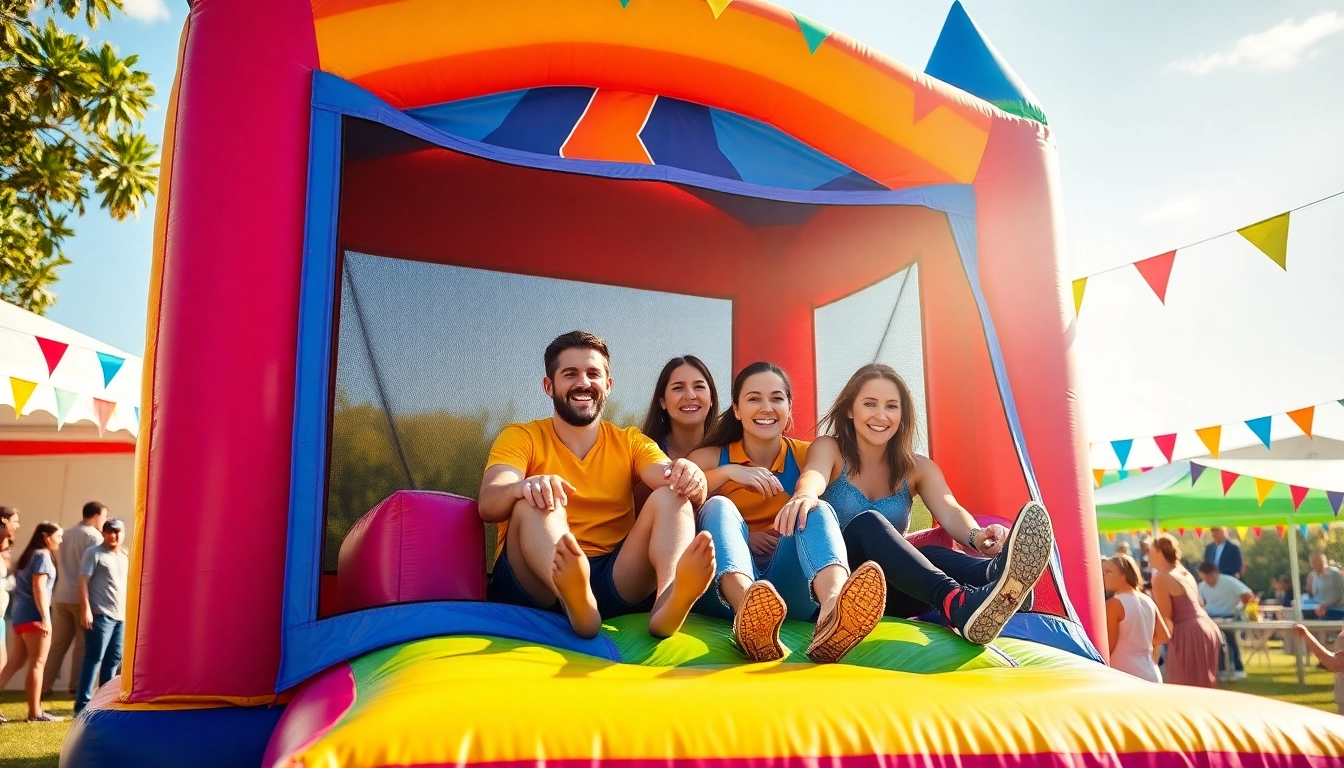 Adults laughing and playing in an Adult Bounce House at a vibrant outdoor event.