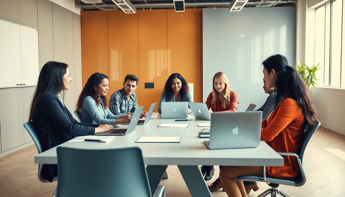 Outsourcing teamwork session showing diverse professionals discussing strategies.