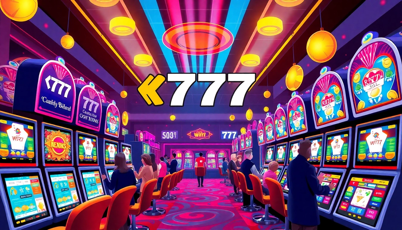 Experience the excitement of สล็อต777 with vibrant slot machines and players enjoying a thrilling casino atmosphere.