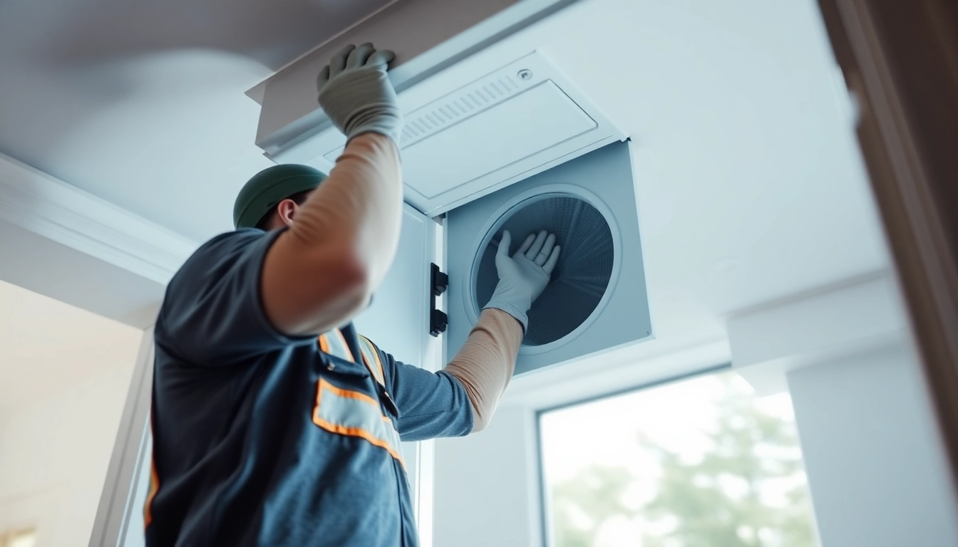 Performing dryer vent cleaning salt lake city utah by a professional technician in a well-lit home environment.