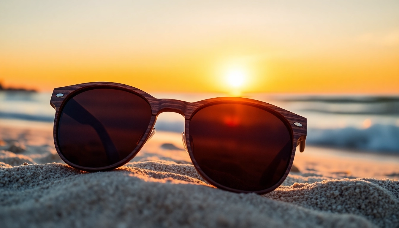 Click Here to see a pair of stylish wooden sunglasses resting on the sandy beach during sunset.