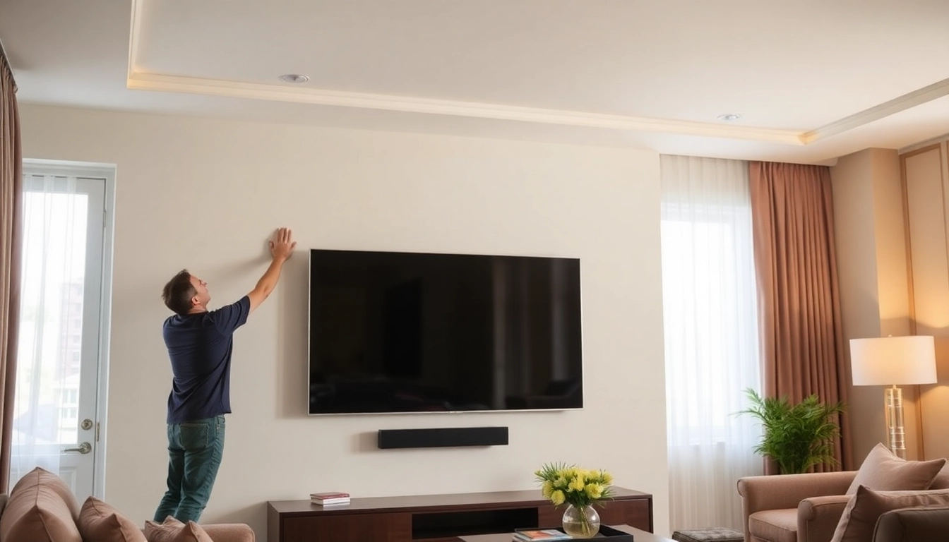 TV mounting installation service by a professional technician on a stylish wall.