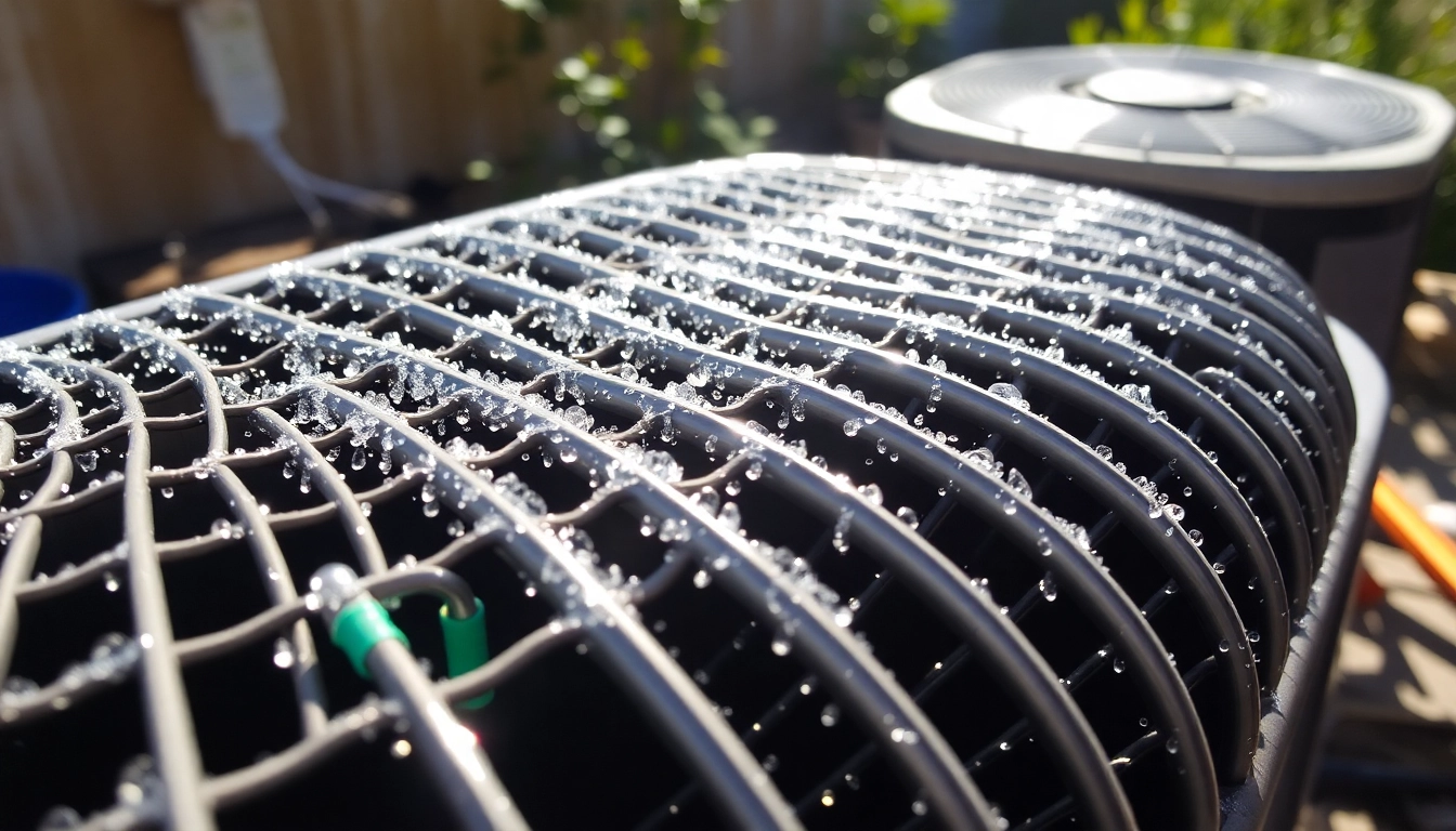 Cleaning air conditioner condenser coils to enhance efficiency with tools and sunlight surrounding.