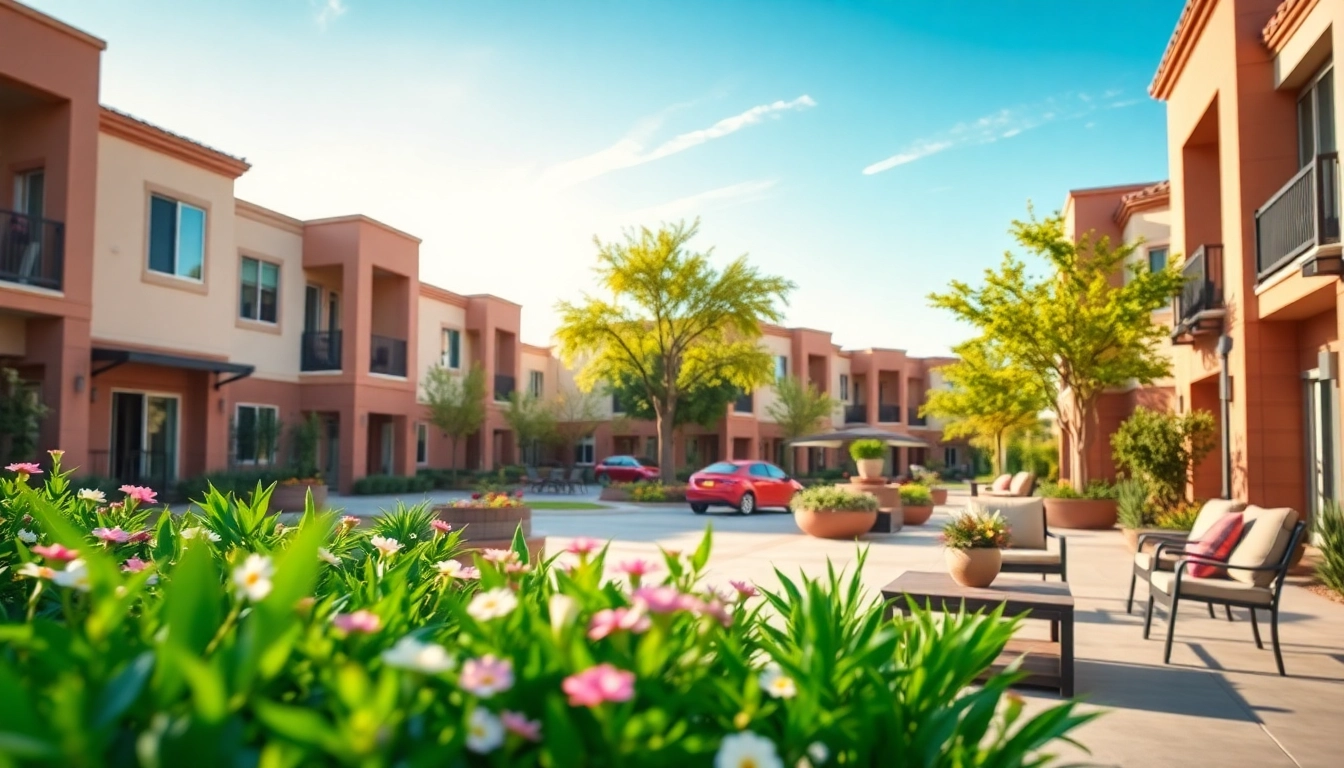 A stunning apartment complex with available apartments for rent in Glendale, AZ, featuring modern designs and vibrant landscaping.