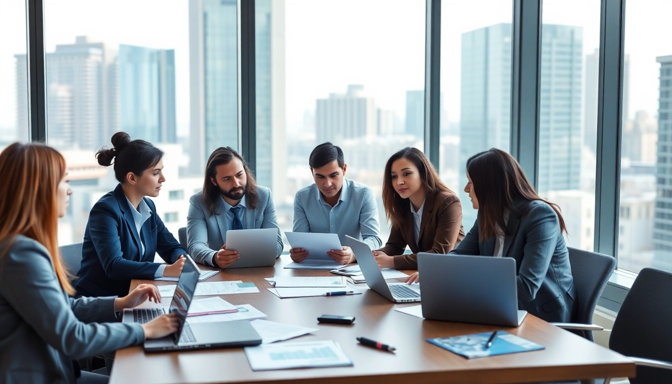 Engaged team reviewing Compliance Auditing Services in a bright, professional office setting.