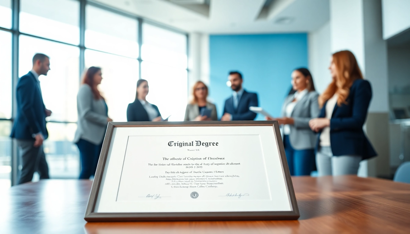 Showcasing a professional setting with an original UK degree among engaged individuals discussing achievements.