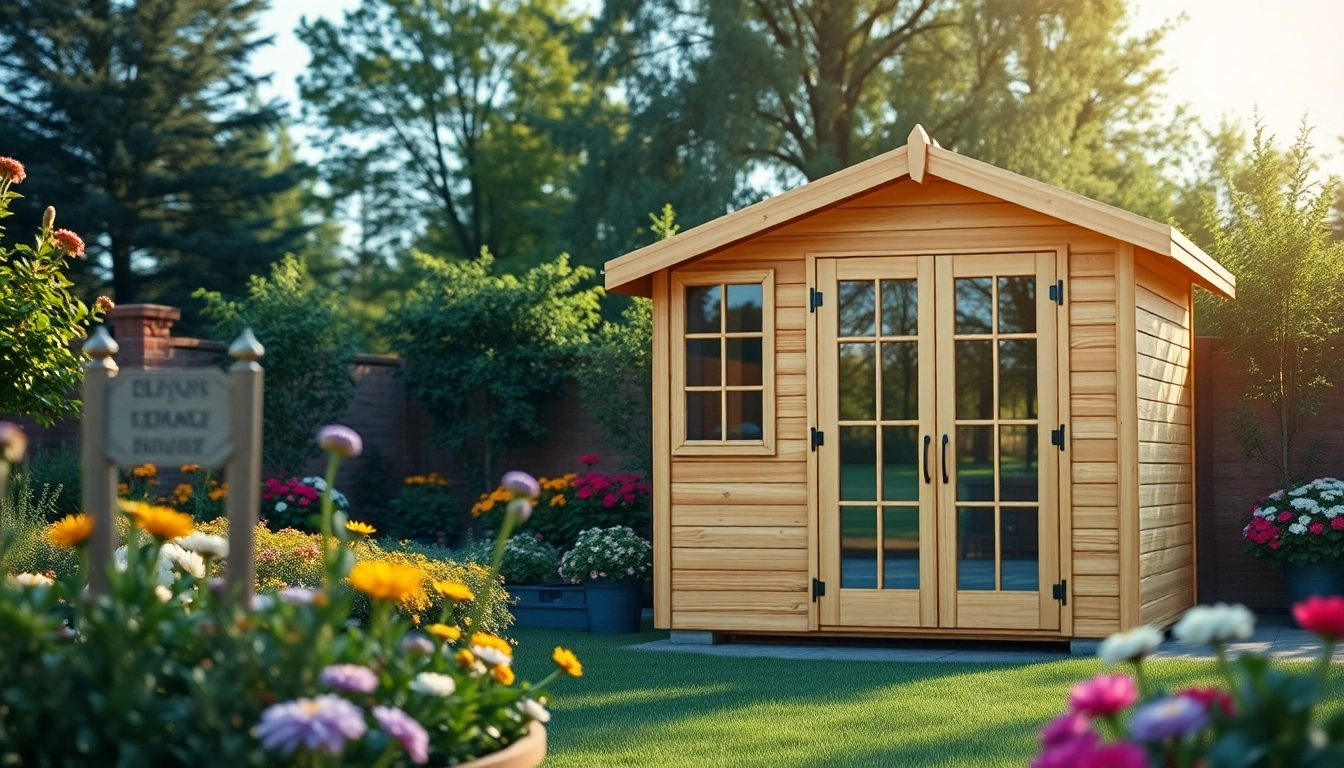 Enhance your space with custom built storage sheds featuring natural finishes and vibrant garden backgrounds.