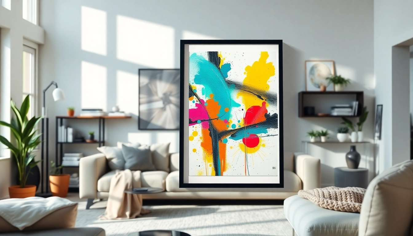 Display a vibrant 20x30 frame featuring abstract art in a modern living room setting.