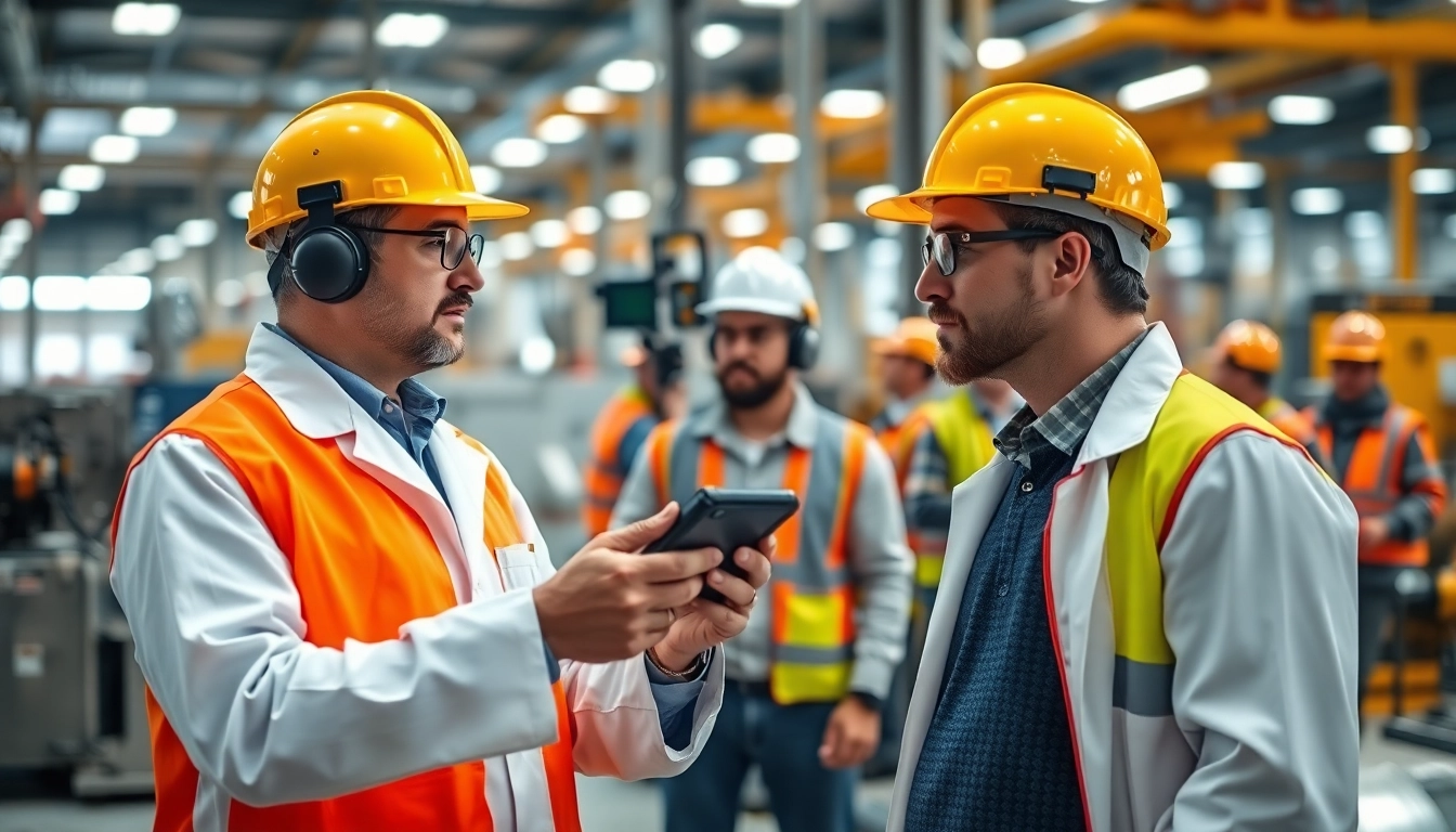 Conducting Industrial Hygiene Services assessment in a factory with safety measures in place.