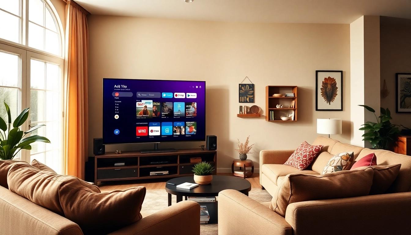 Experience a free streaming trial with a cozy home entertainment environment showcasing a large TV.