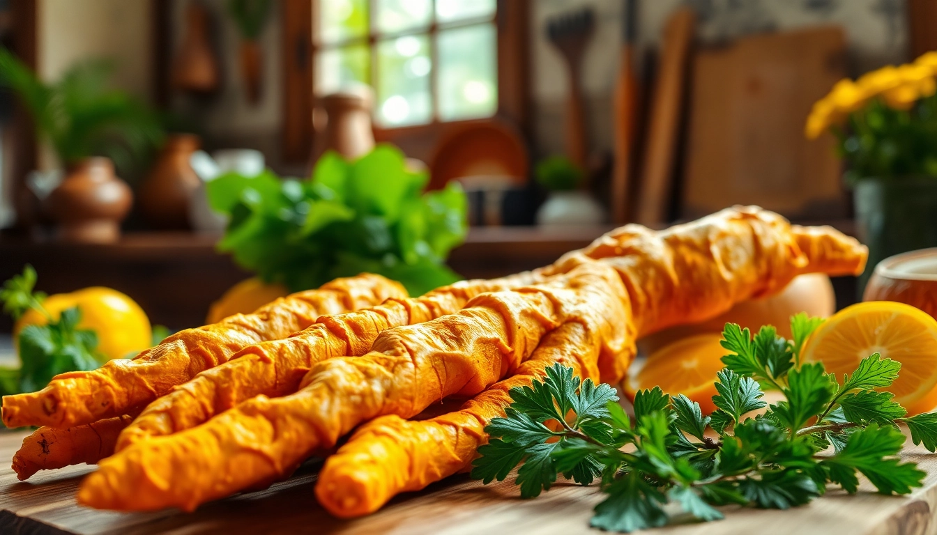 Showcasing vibrant turmeric root with rustic herbs and spices in a warm kitchen setting.