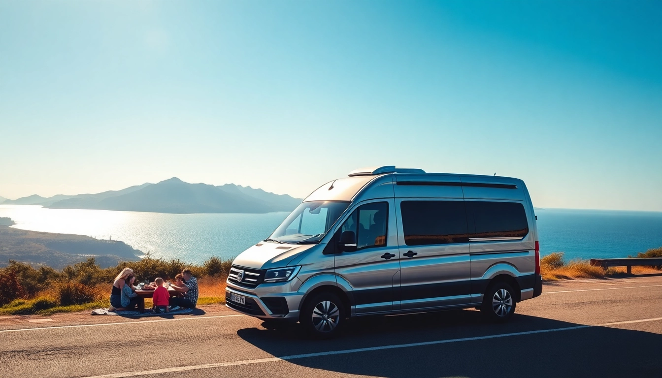 Family enjoying a picnic near the perfect campervan by the coast, showcasing adventure.