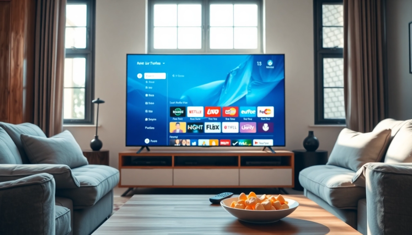 Access exciting IPTV Subscription USA status through a modern living room setup featuring a sleek television.