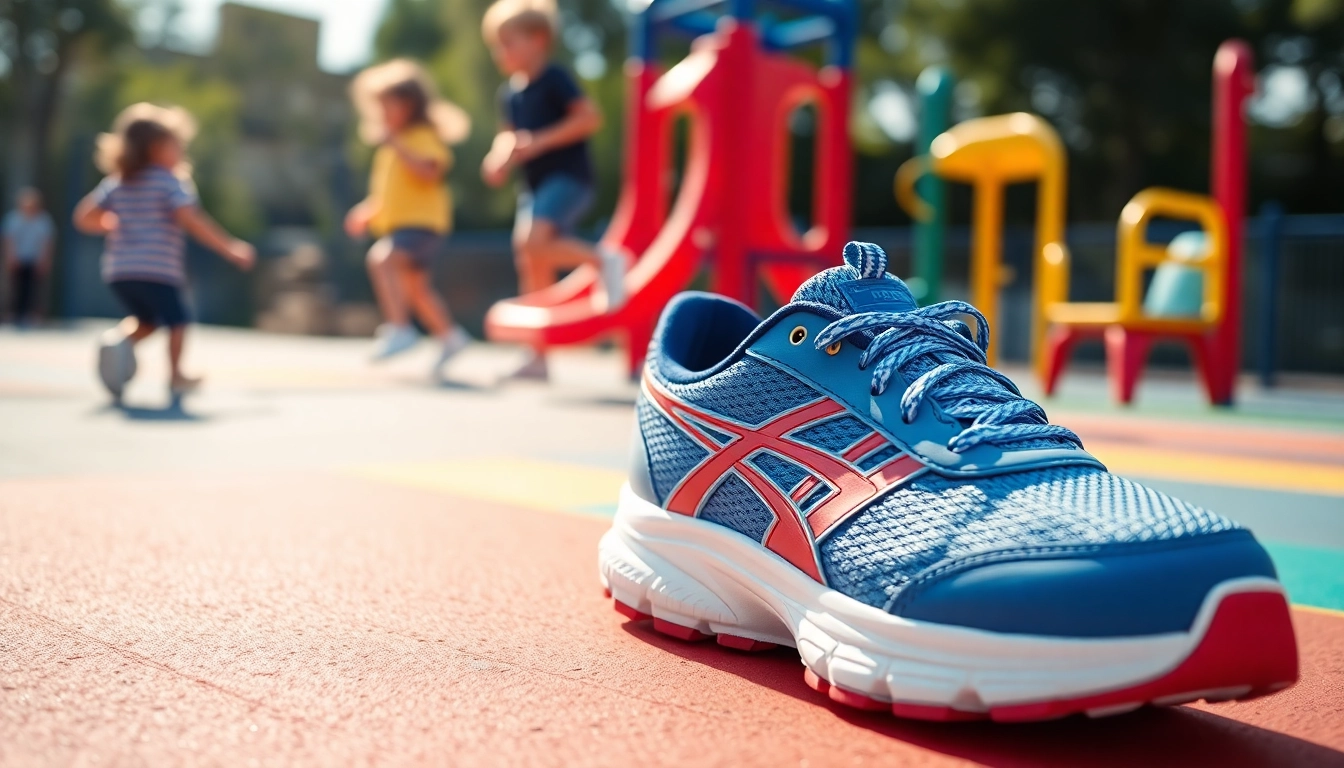 Laufschuhe für Kinder zeigen komfortable und stylische Designs in einem lebendigen Spielumfeld.