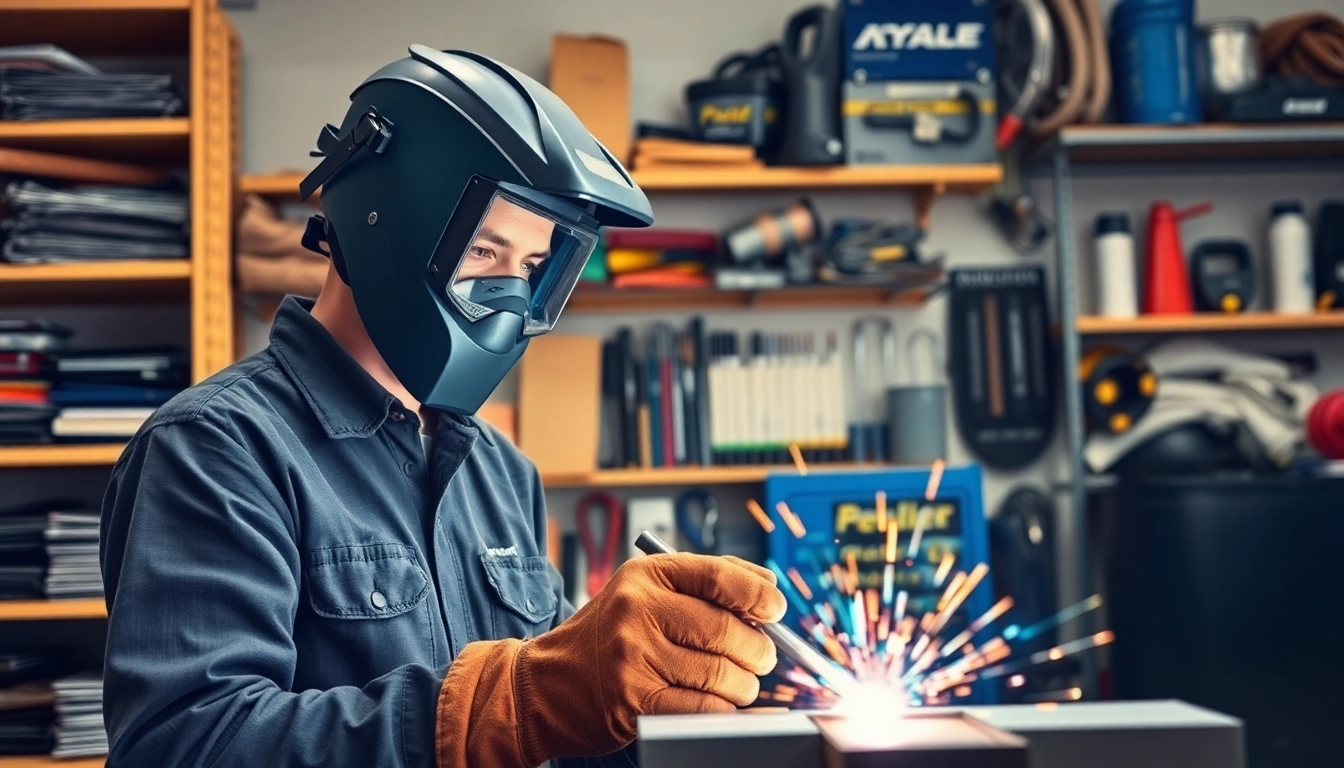 Shop for welding supplies near me in a vibrant workshop with a professional welder at work.