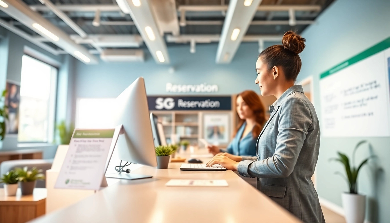 Efficient customer service at a Reservation Services desk with a representative assisting clients.