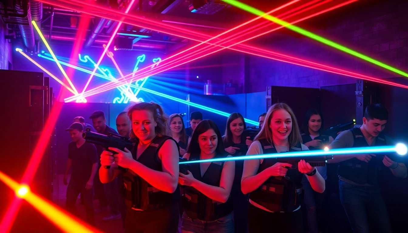Exciting moment of players engaged in laser tag with neon lights creating a dynamic arena.