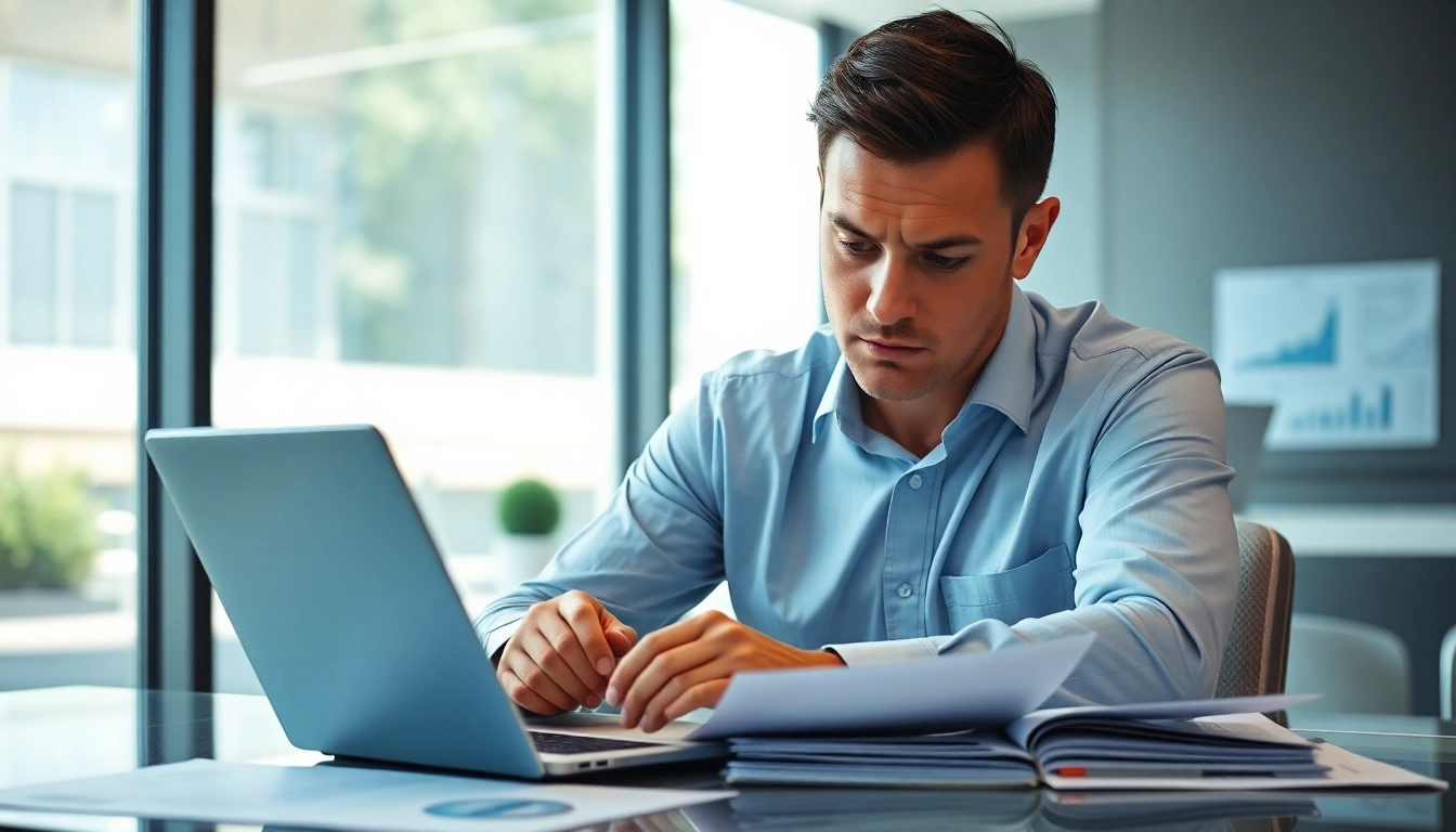 Accountant assessing impairment test data in a bright office setting
