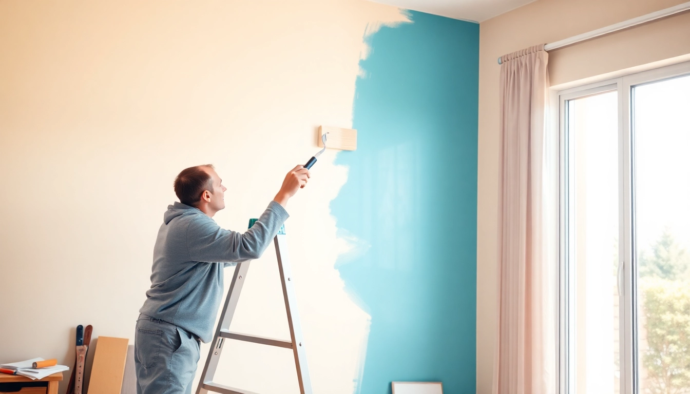 Skilled painter performing interior painting in a modern room, highlighting vibrant wall color.