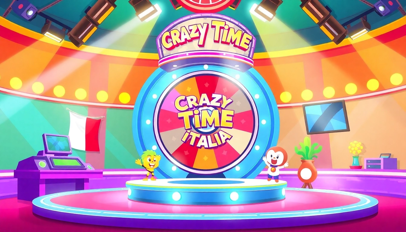 Crazy Time Italia: a vibrant game show studio with a colorful spinning wheel and dynamic characters.
