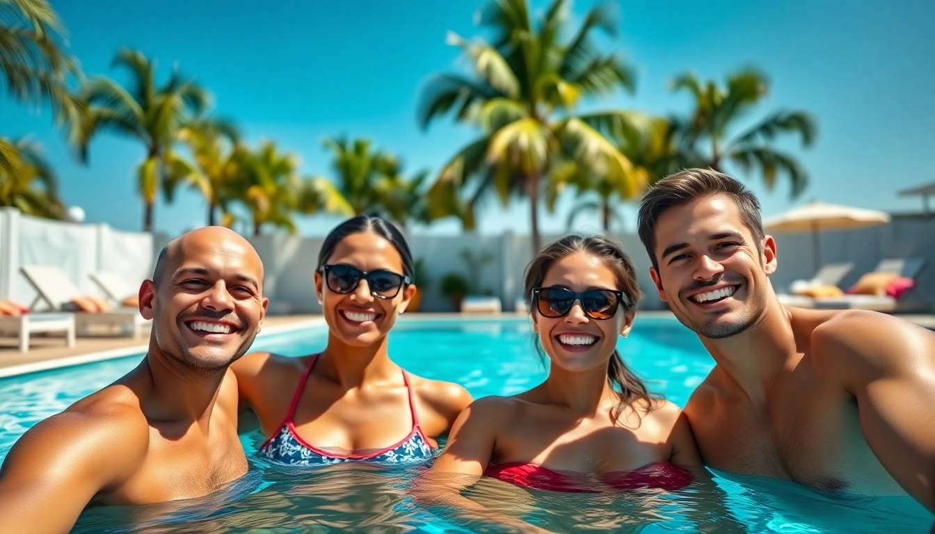 Capture swimming pool financing opportunities with a happy family enjoying their new pool.
