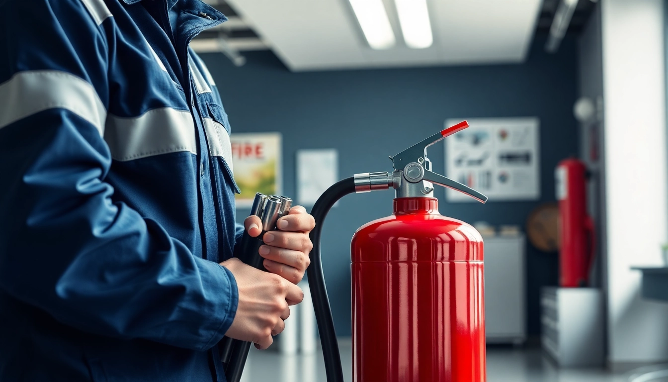 Fire extinguisher servicing Cannock by a technician in a professional setting, ensuring safety compliance.