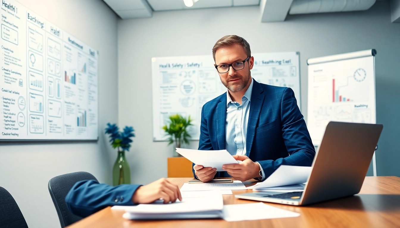 Engaging professional reviewing Nvq level 7 health safety leadership management answers in a well-lit office.