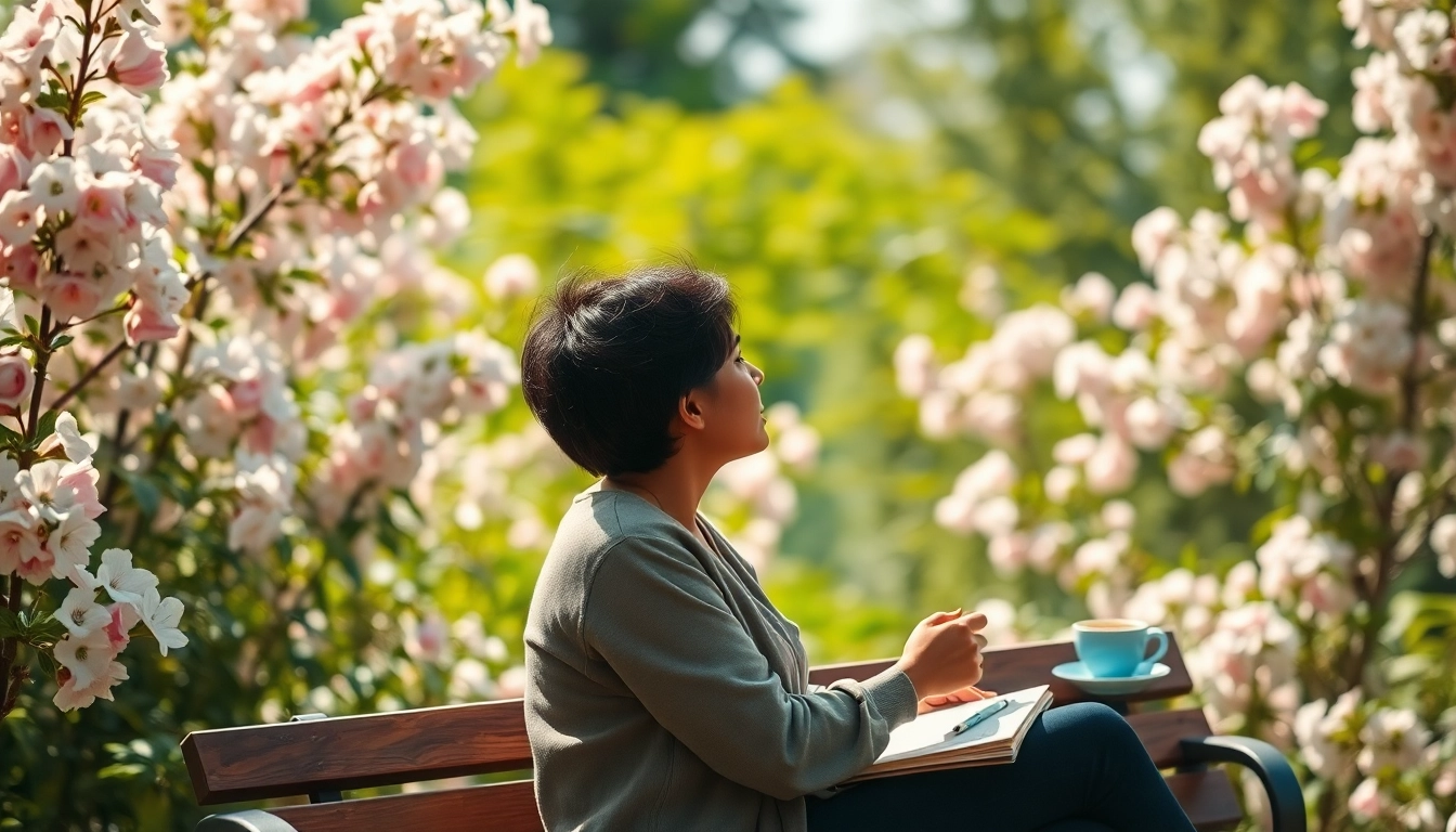 Person reflecting while dealing with grief in a peaceful garden setting.