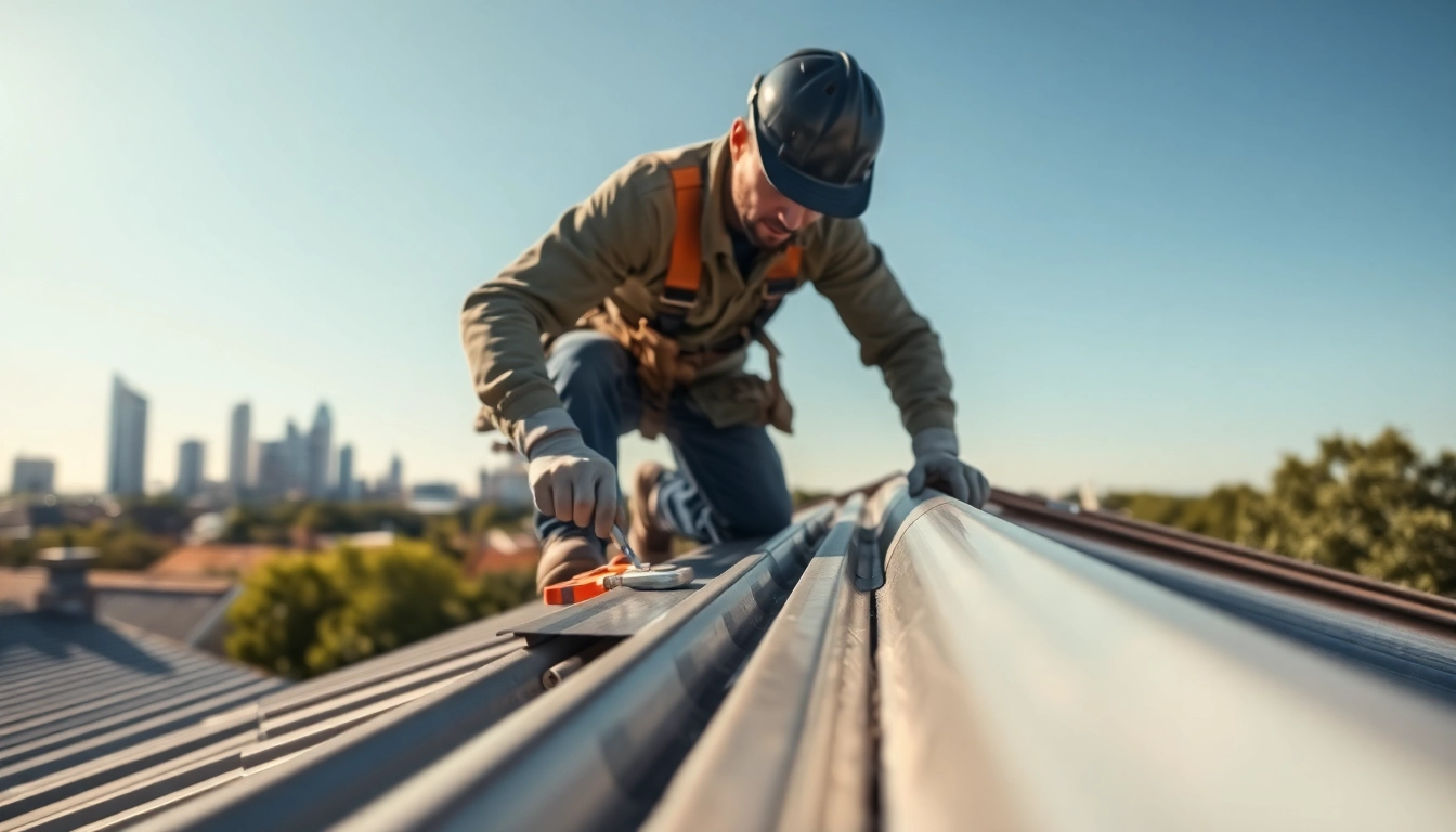 Expert conducting metal roofing installation Austin on a residential building showcasing quality and precision.