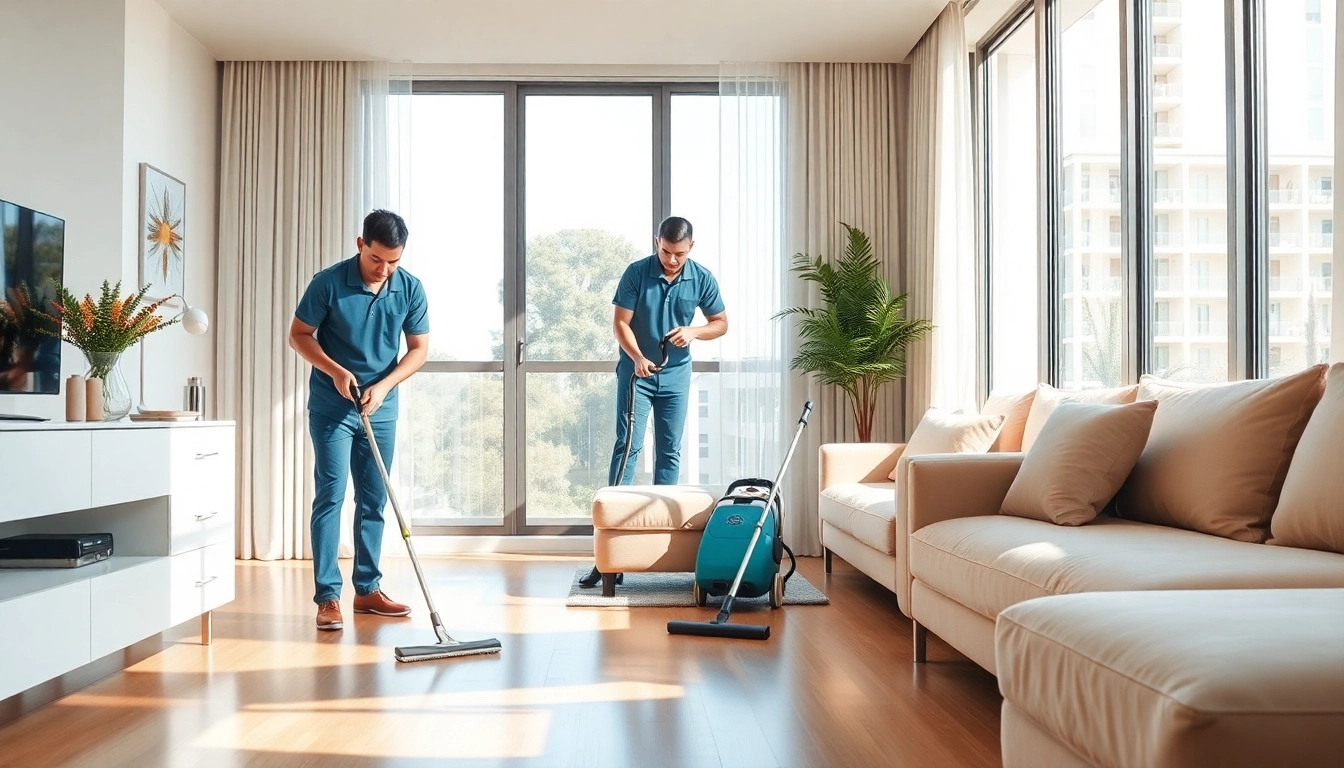 Efficient bond cleaning Brisbane service showing cleaners in action at a bright apartment