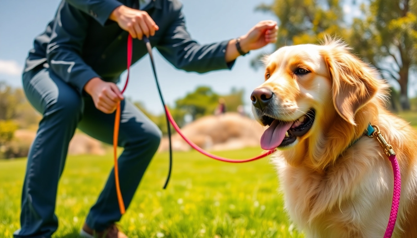 Engaging Dog Training Irvine session with a trainer teaching a golden retriever to sit.