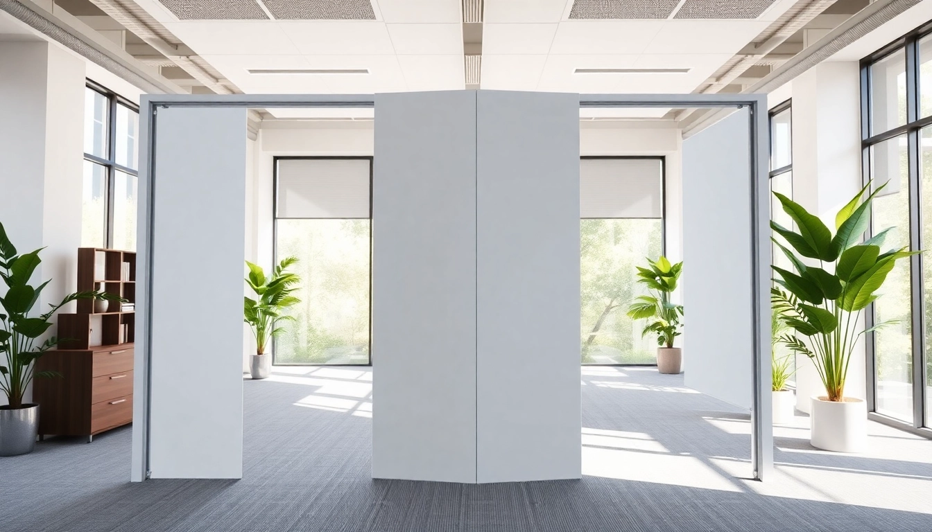 Install a Folding Partition Wall in a modern office space with a sleek design and bright atmosphere.