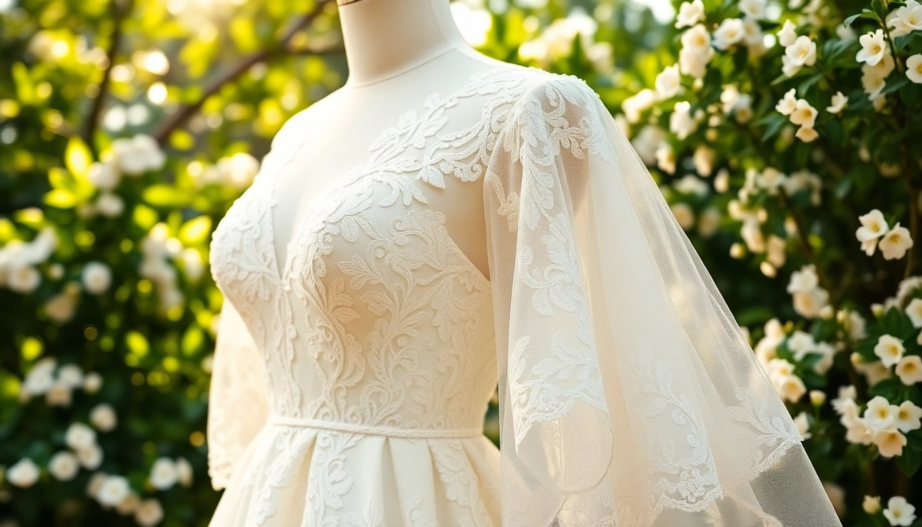 Brides admire exquisite lace wedding dresses displayed in a charming outdoor setting.