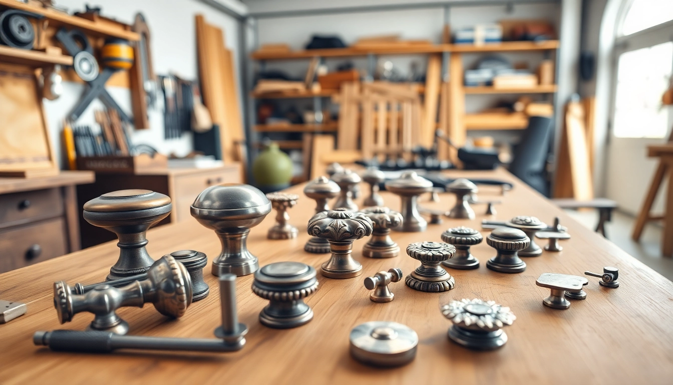 Showcasing furniture hardware manufacturers' finest cabinet knobs and pulls in a creative workshop setting.