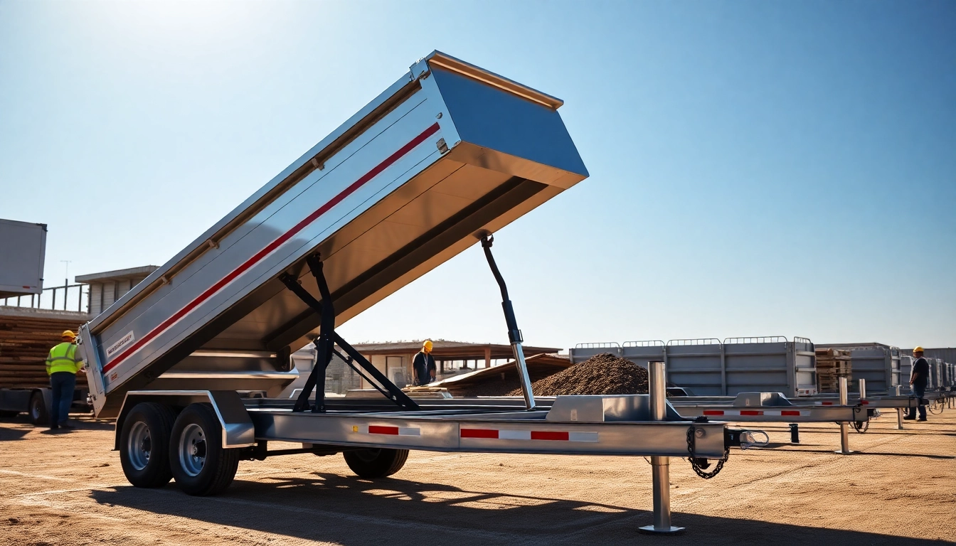 View of hydraulic dump trailers for sale with a focus on their robust features and construction site backdrop.