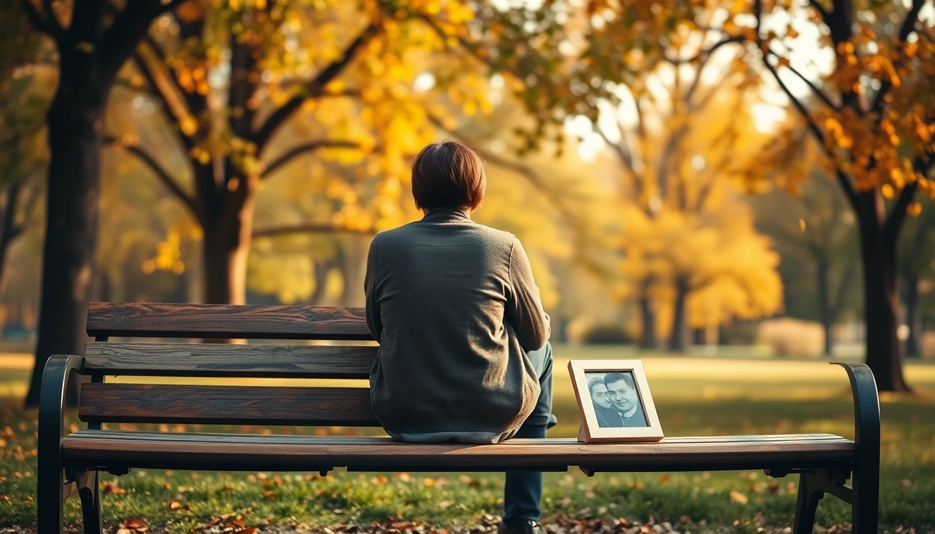Person dealing with grief while reflecting in a serene park setting.