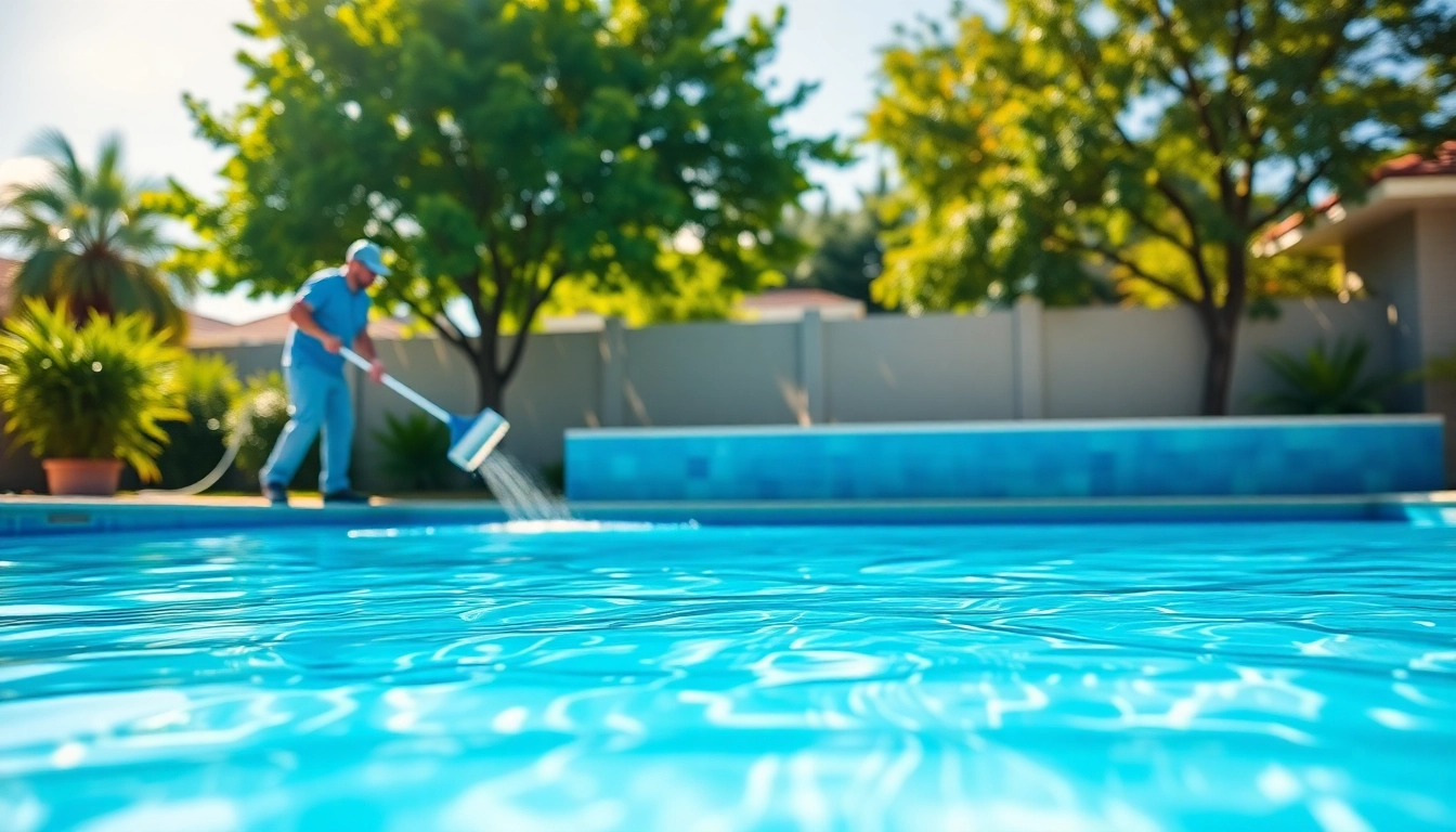 Technician providing a pool cleaning service near me, ensuring sparkling clean waters in a sunny backyard.