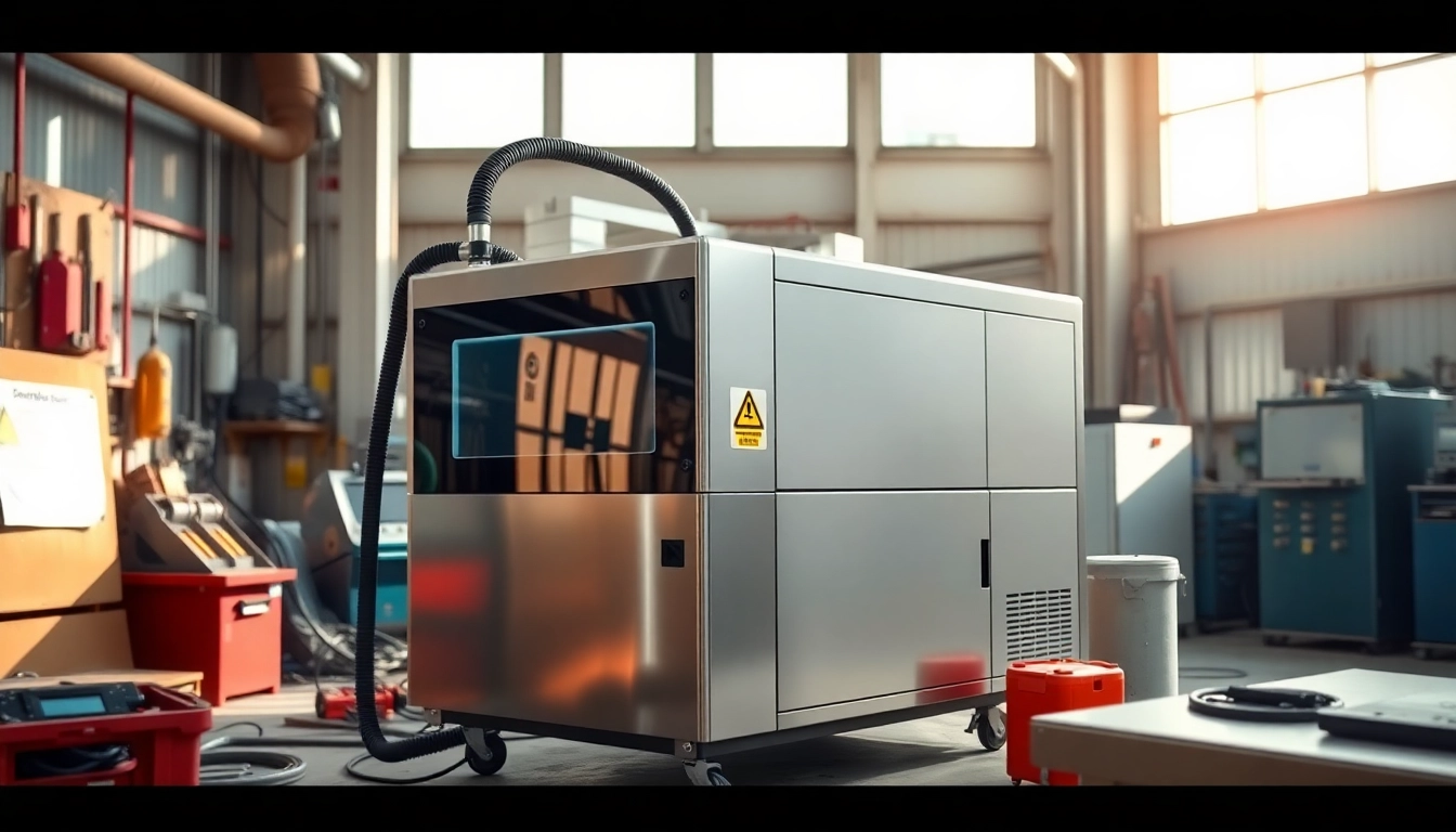 Laser cleaning machine operating in a bright industrial workshop, showcasing advanced technology.