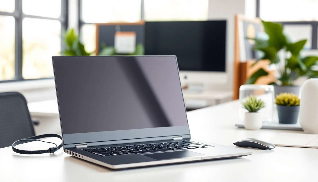 Showcase a Lenovo laptop in a modern office setup emphasizing productivity and elegance.