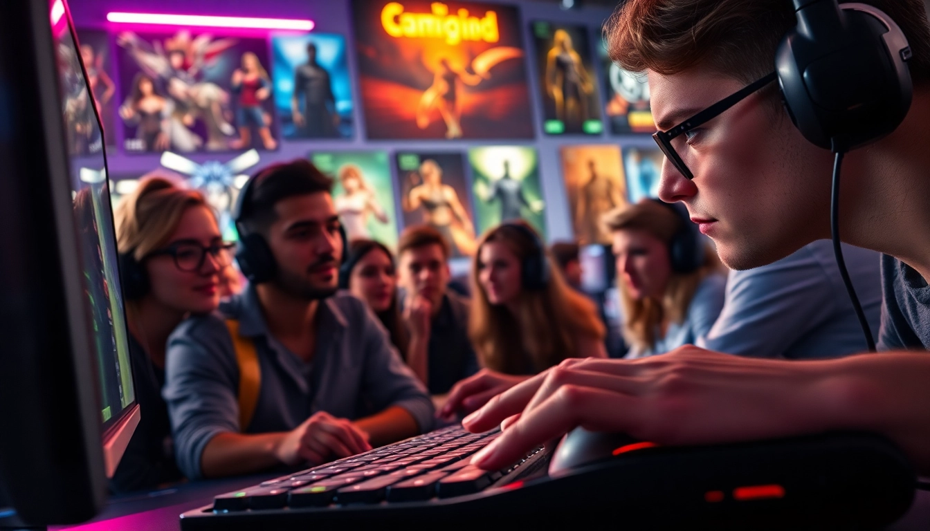 Menggambarkan gamers yang terlibat dalam game online dengan suasana penuh energi dan semangat.