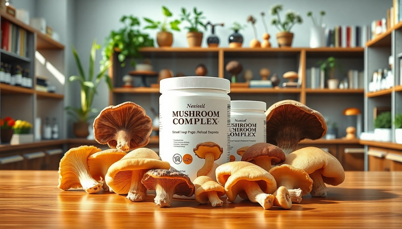Mushroom Complex displayed attractively in a laboratory setting, featuring vibrant mushrooms and sleek packaging.