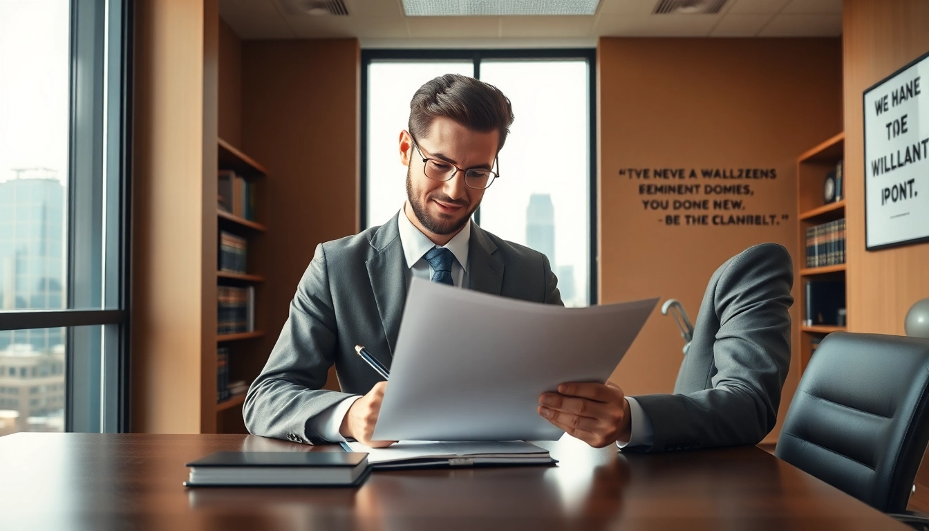Eminent domain lawyer focused on legal documents in a modern office with city views.