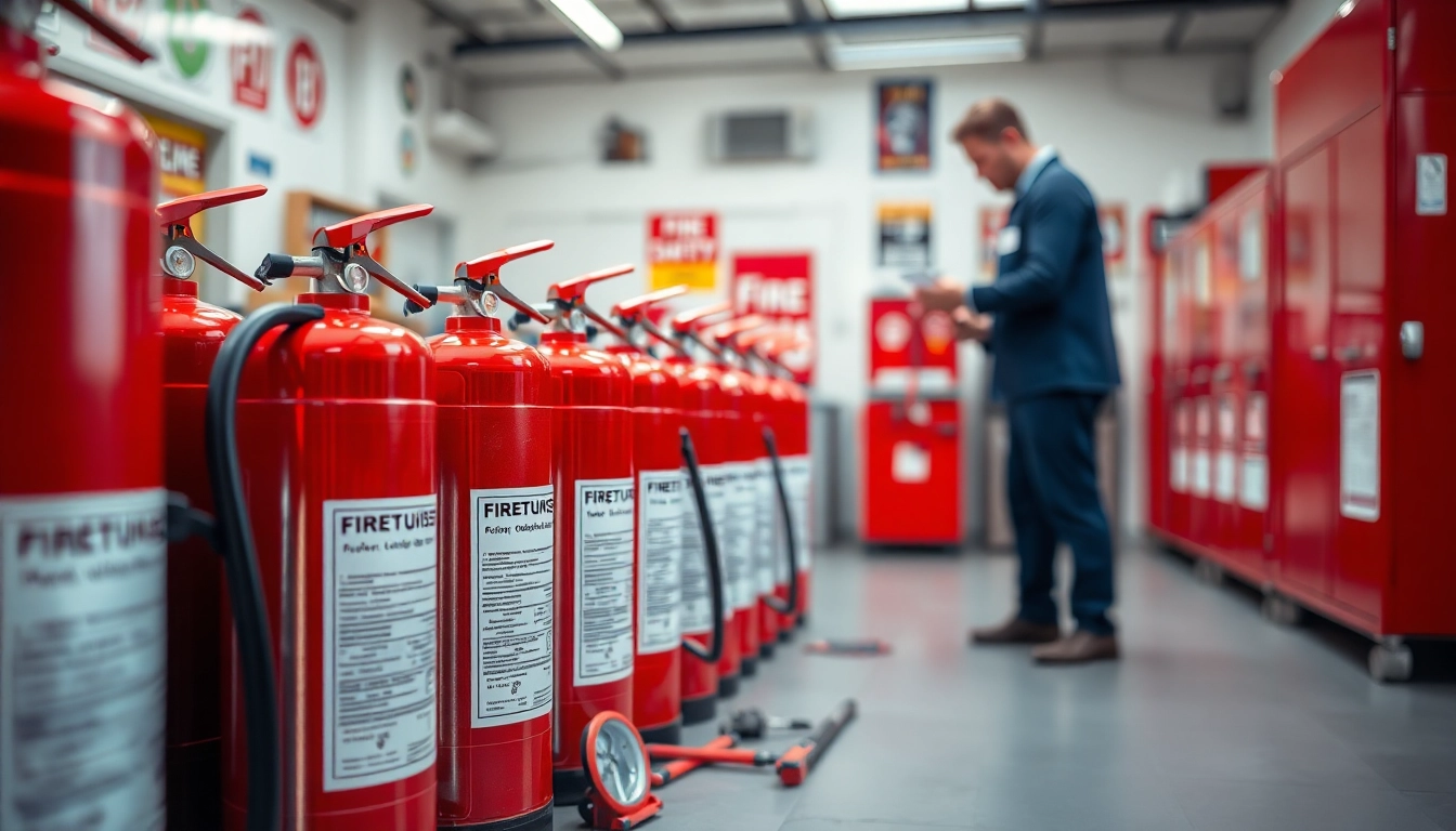 Technician performing fire extinguisher servicing Birmingham in a professional workspace.