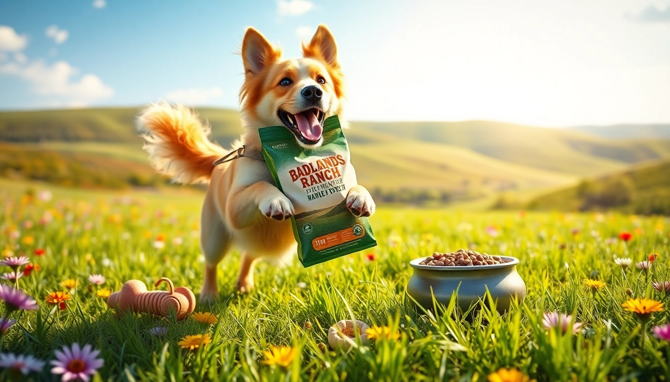 Enthusiastic dog enjoying badlands ranch dog food Canada in a sunny outdoor setting.