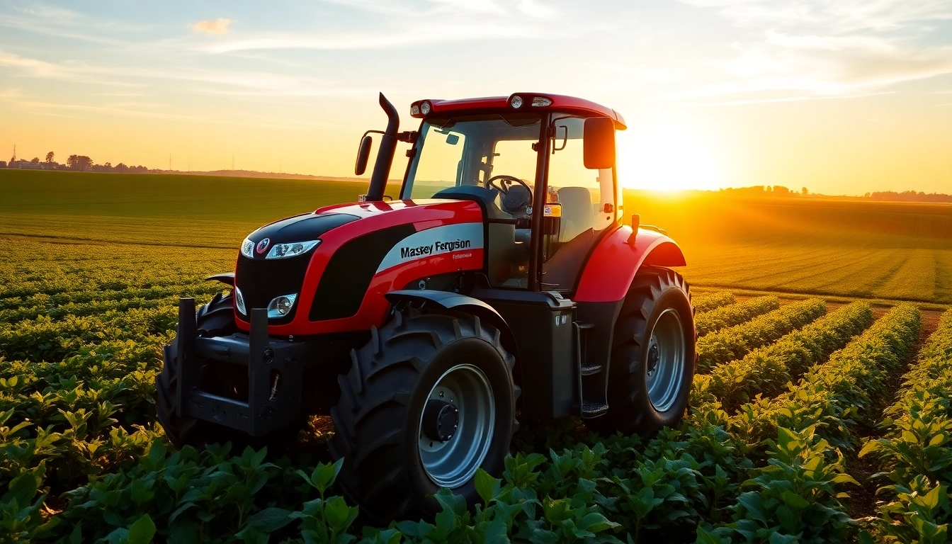 Massey Ferguson Traktor arbeitet effizient auf einem grünen Feld mit Sonnenuntergang im Hintergrund.